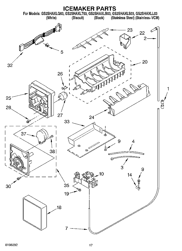 ICE MAKER Diagram and Parts List for GS2SHAXLS03  Whirlpool Refrigerator