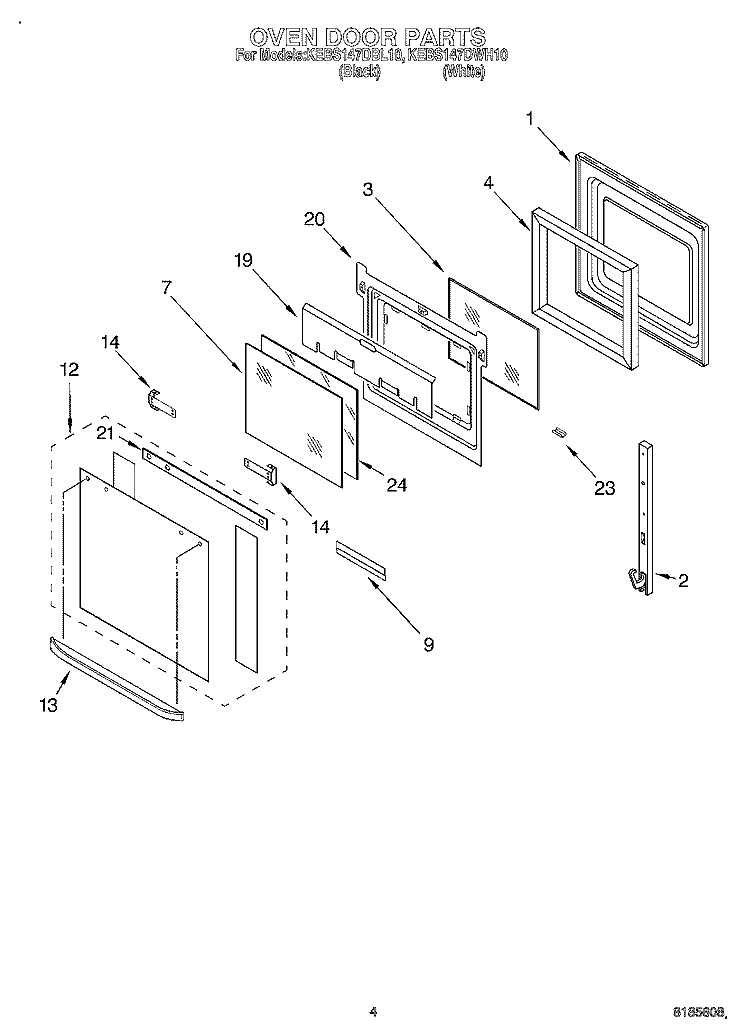 OVEN DOOR Diagram and Parts List for KEBS147DBL10  KitchenAid Wall Oven