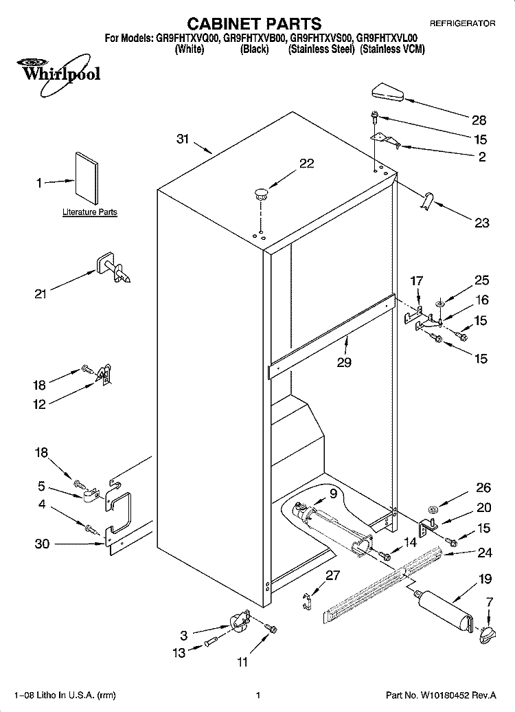 CABINET PARTS Diagram and Parts List for GR9FHTXVL00  Whirlpool Refrigerator