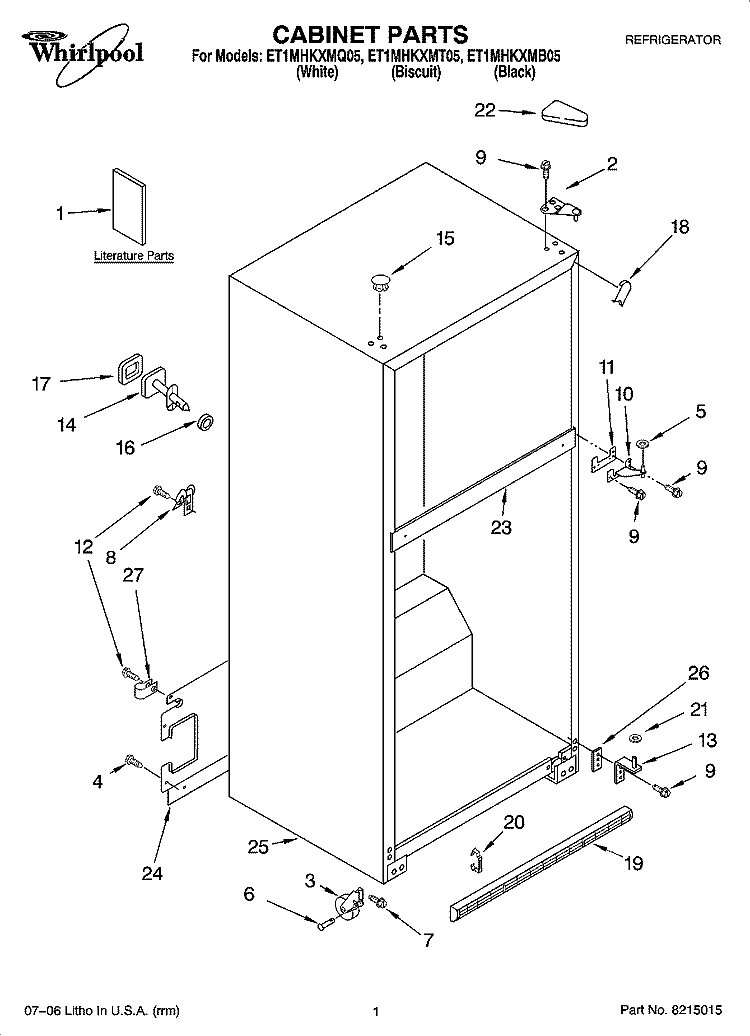 CABINET PARTS Diagram and Parts List for ET1MHKXMB05  Whirlpool Refrigerator