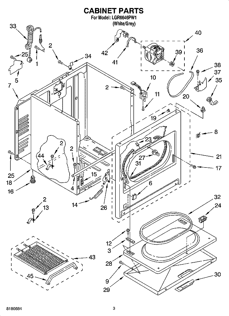 CABINET PARTS Diagram and Parts List for LGR6646PW1  Whirlpool Dryer