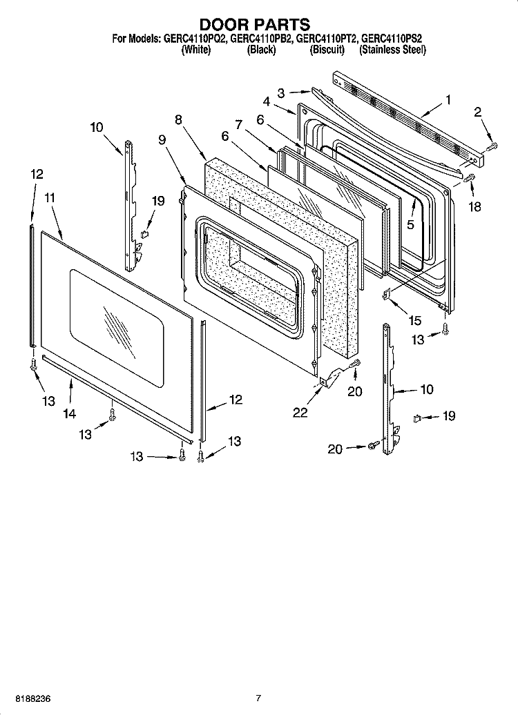 DOOR PARTS, OPTIONAL PARTS Diagram and Parts List for GERC4110PS2  Whirlpool Range