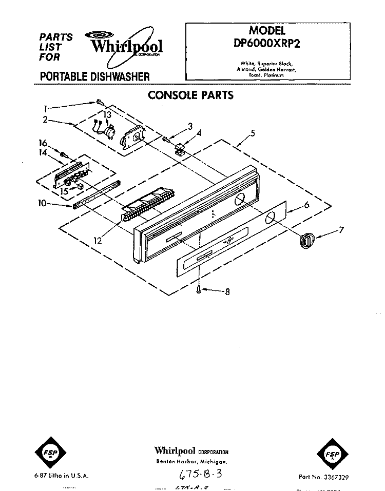 CONSOLE Diagram and Parts List for DP6000XRP2  Whirlpool Dishwasher