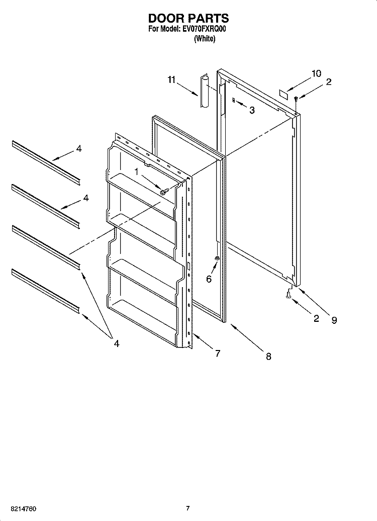 DOOR PARTS, OPTIONAL PARTS (NOT INCLUDED) Diagram and Parts List for EV070FXRQ00  Whirlpool Freezer