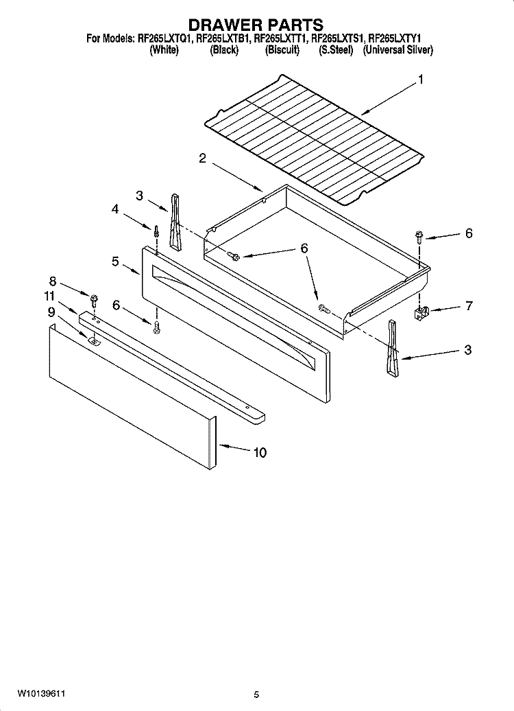 DRAWER PARTS Diagram and Parts List for RF265LXTB1  Whirlpool Range
