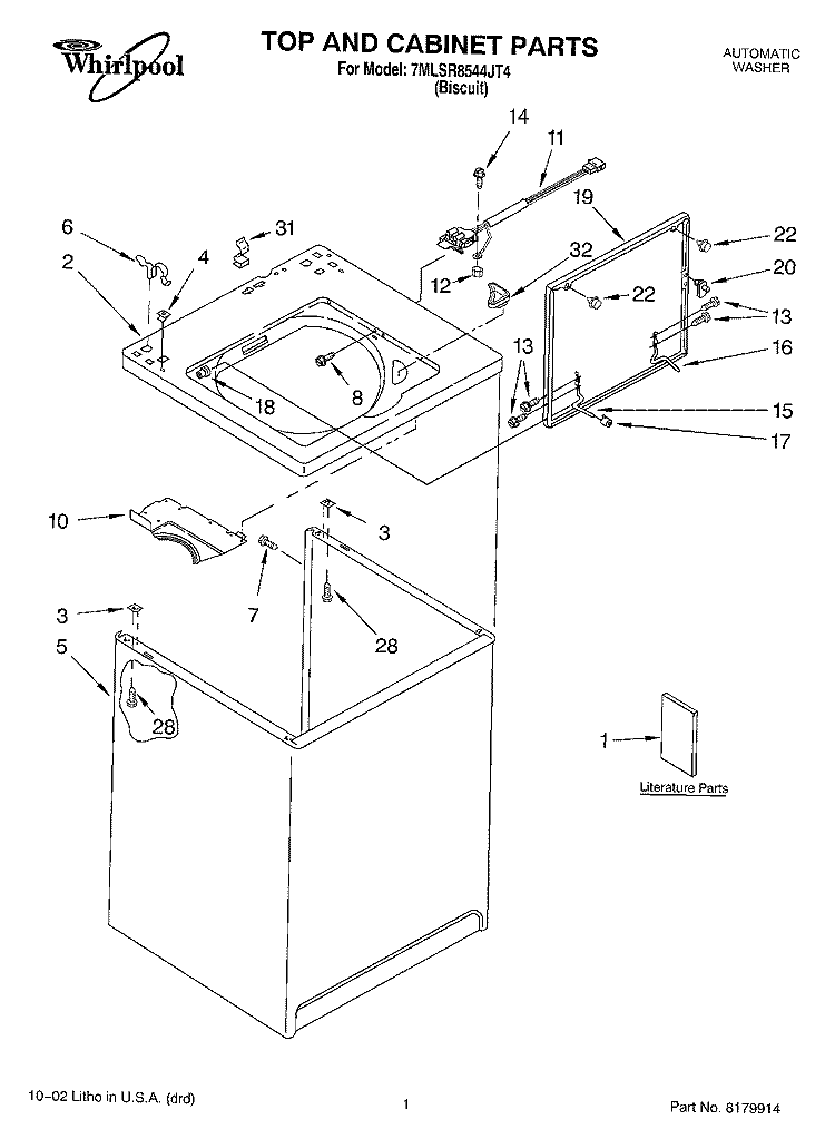 TOP AND CABINET, LITERATURE Diagram and Parts List for 7MLSR8544JT4  Whirlpool Washer