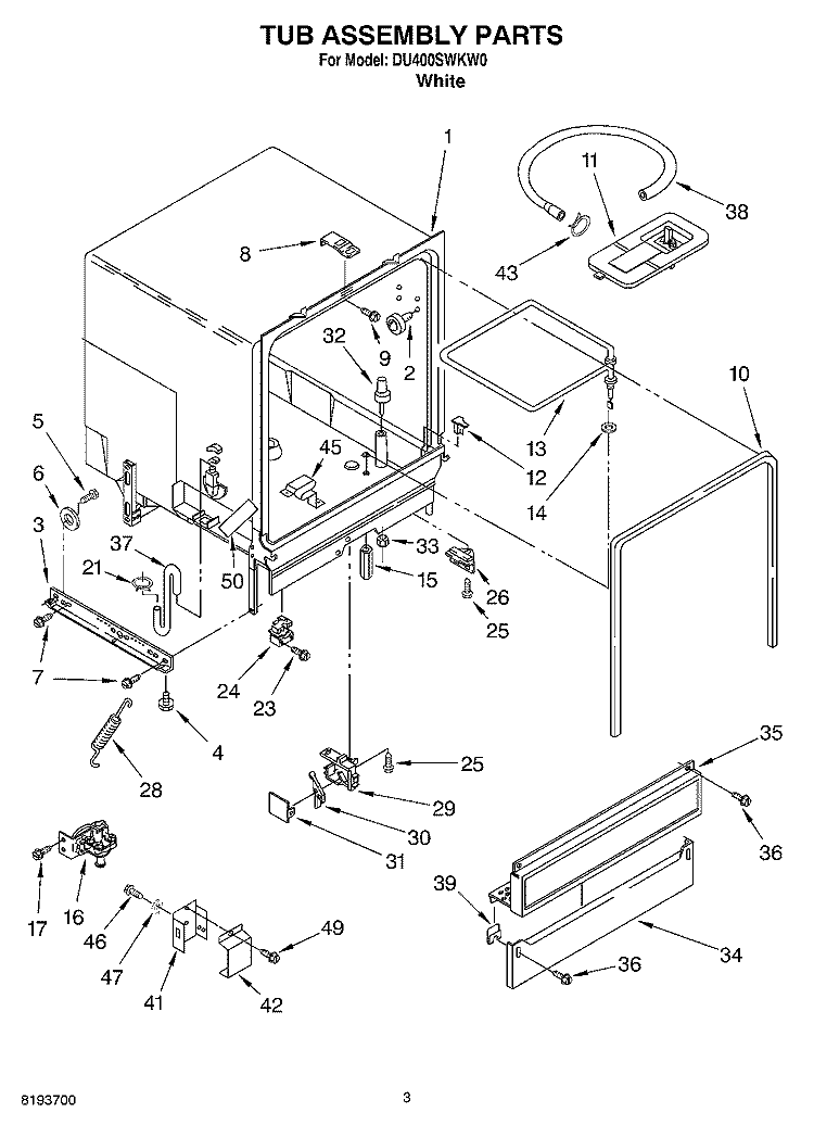 TUB ASSEMBLY Diagram and Parts List for DU400SWKW0  Whirlpool Dishwasher