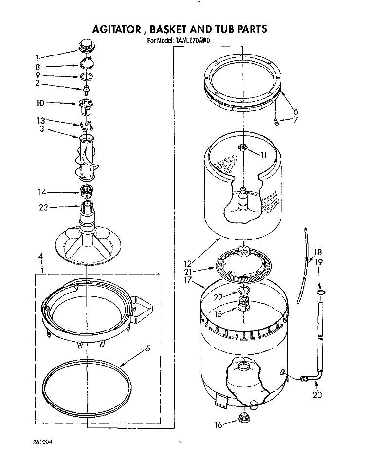 AGITATOR, BASKET AND TUB Diagram and Parts List for TAWL670AN0  Whirlpool Washer