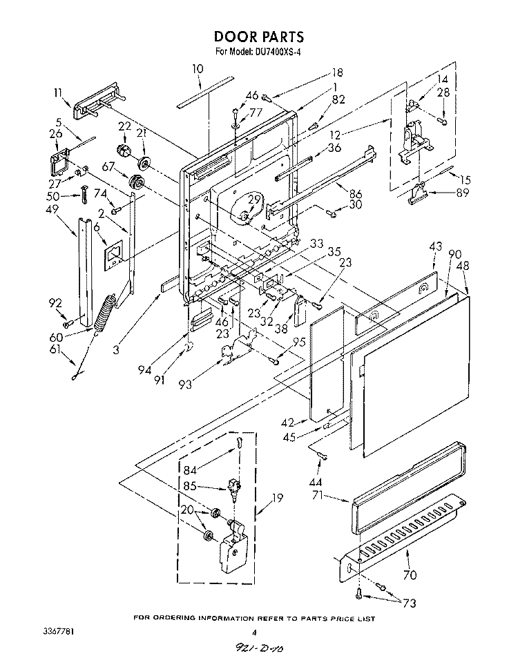 DOOR Diagram and Parts List for DU7400XS4  Whirlpool Dishwasher