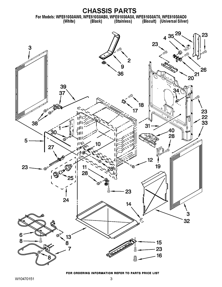 CHASSIS PARTS Diagram and Parts List for WFE510S0AT0  Whirlpool Range