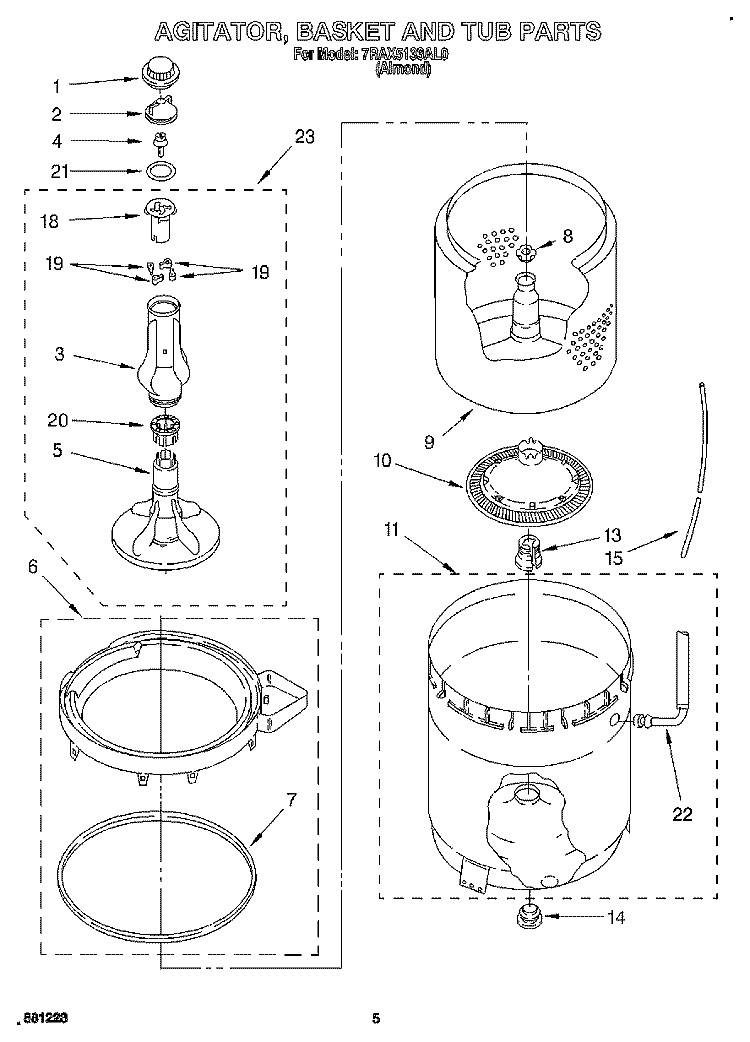 AGITATOR, BASKET AND TUB Diagram and Parts List for 7RAX5133AL0  Whirlpool Washer