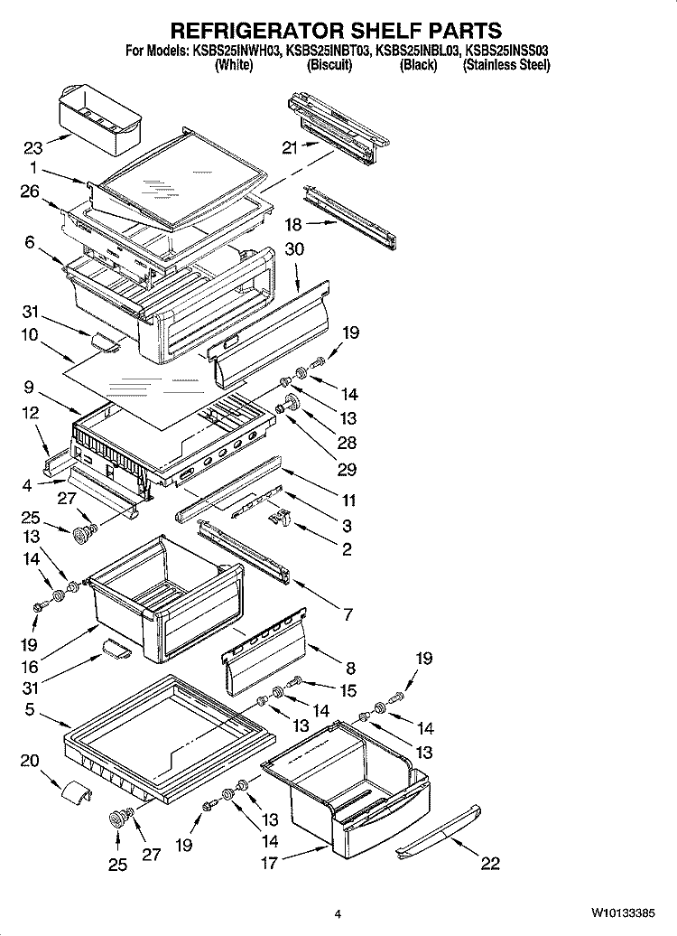 REFRIGERATOR SHELF PARTS Diagram and Parts List for KSBS25INBL03  KitchenAid Refrigerator