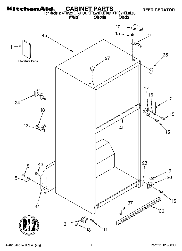 CABINET, LITERATURE Diagram and Parts List for KTRS21ELWH00  KitchenAid Refrigerator