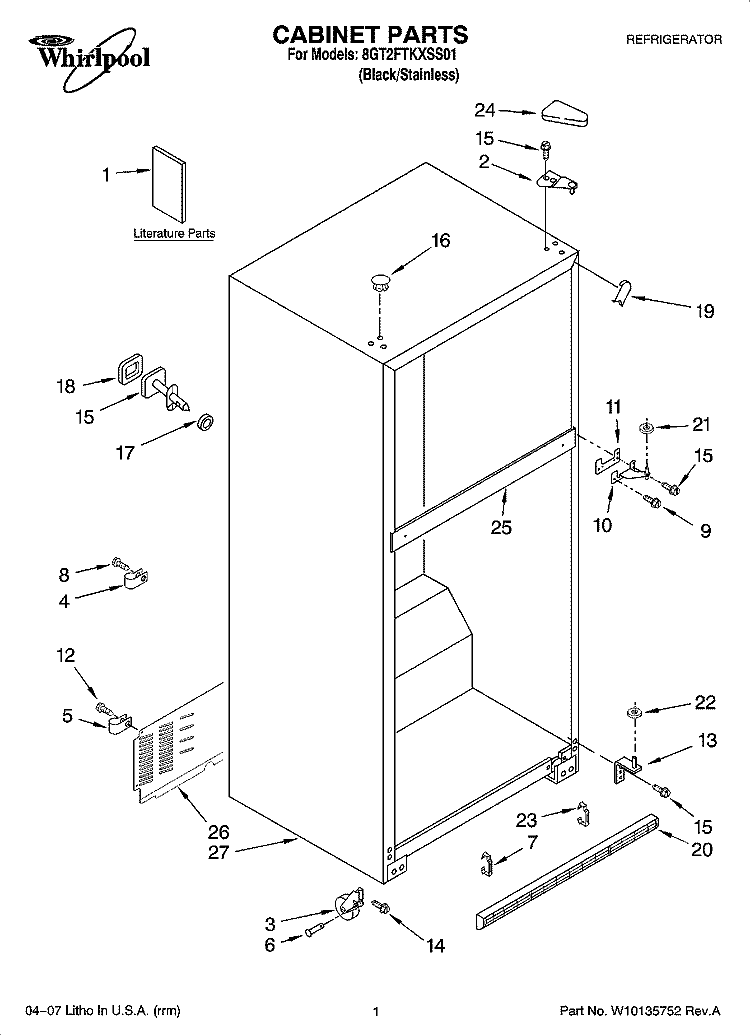 CABINET PARTS Diagram and Parts List for 8GT2FTKXSS01  Whirlpool Refrigerator
