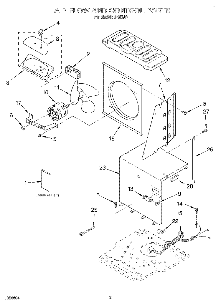 AIR FLOW AND CONTROL, LITERATURE Diagram and Parts List for DH25J0  Whirlpool Dehumidifier