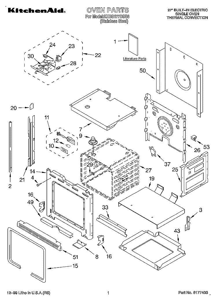 OVEN, LITERATURE Diagram and Parts List for KEBS177DSS8  KitchenAid Wall Oven