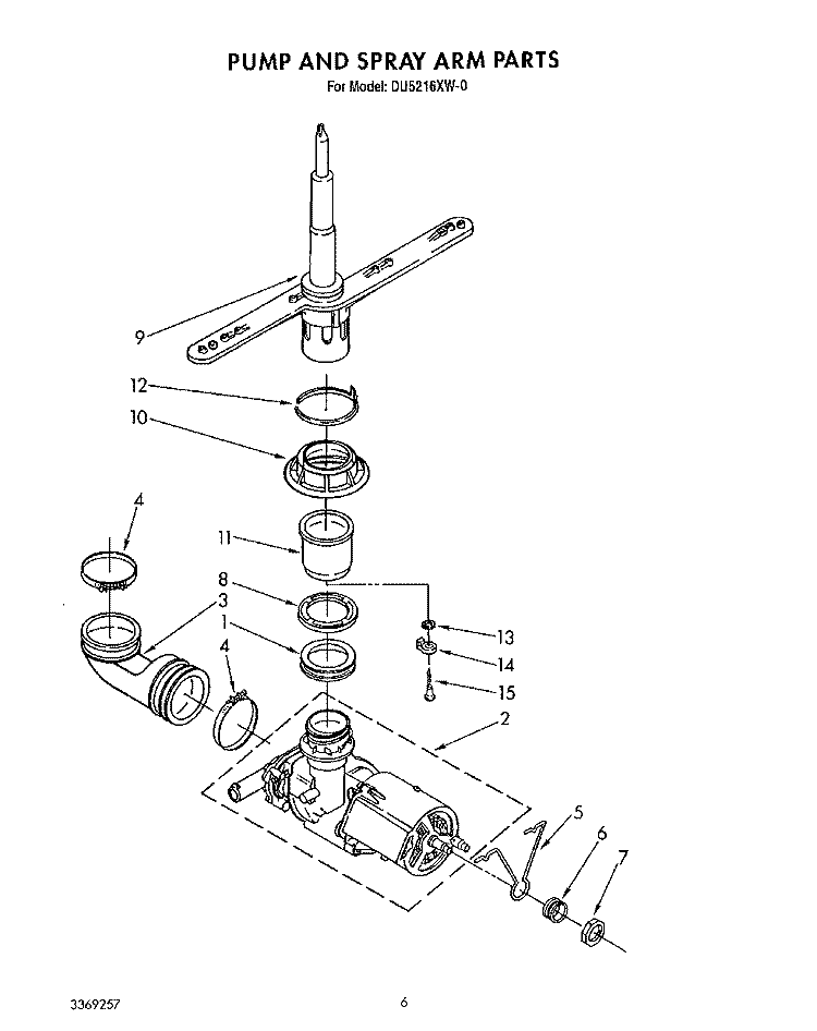 PUMP AND SPRAY ARM Diagram and Parts List for DU5216XW0  Whirlpool Dishwasher