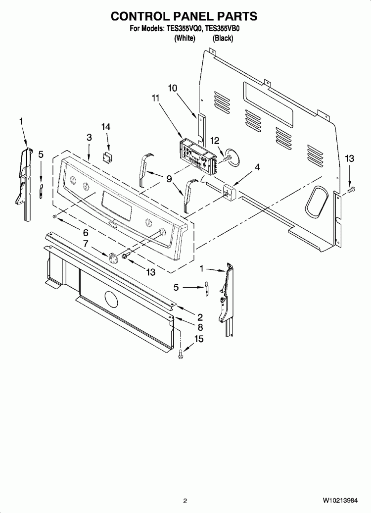 CONTROL PANEL PARTS Diagram and Parts List for TES355VQ0  Estate Range