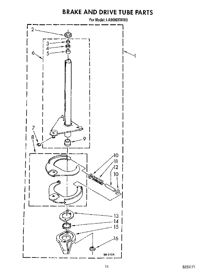 BRAKE AND DRIVE TUBE Diagram and Parts List for LA9680XWN0  Whirlpool Washer