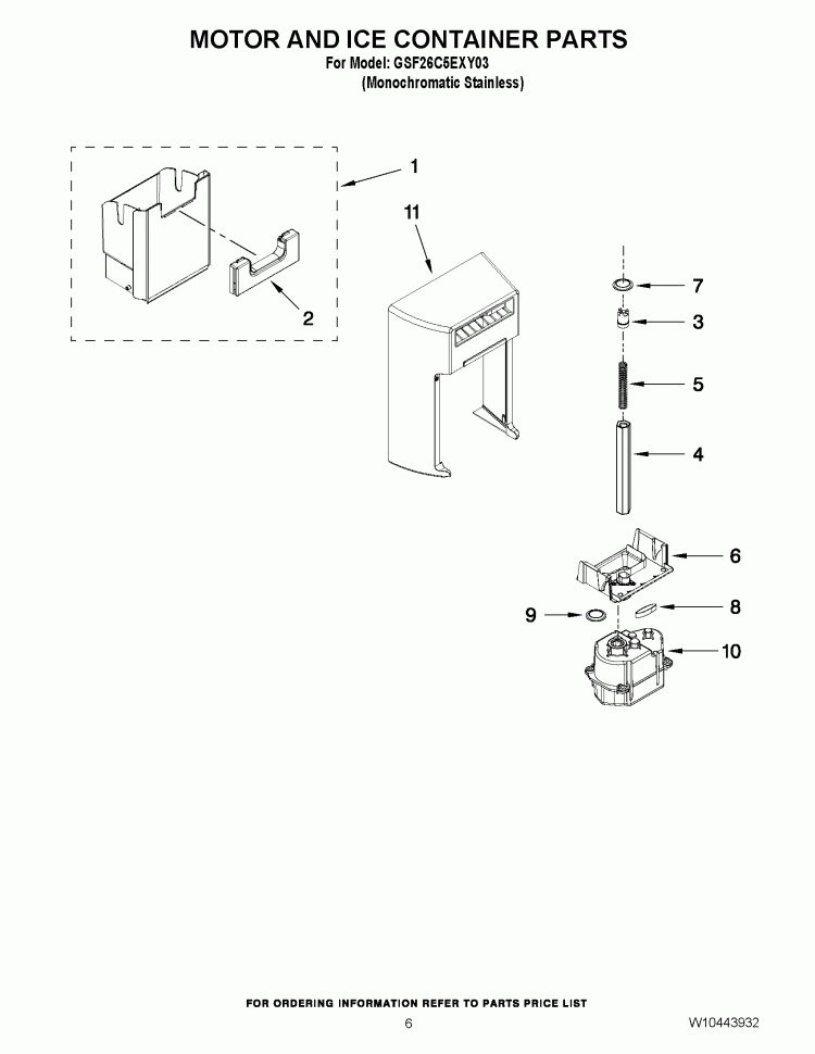 MOTOR AND ICE CONTAINER PARTS Diagram and Parts List for GSF26C5EXY03  Whirlpool Refrigerator