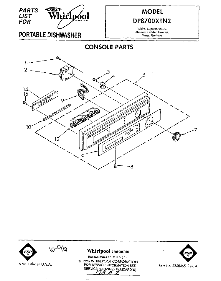 CONSOLE Diagram and Parts List for DP8700XTN2  Whirlpool Dishwasher