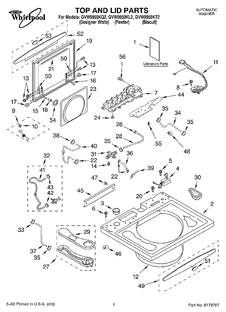 TOP AND LID, LITERATURE Diagram and Parts List for GVW9959KL2  Whirlpool Washer