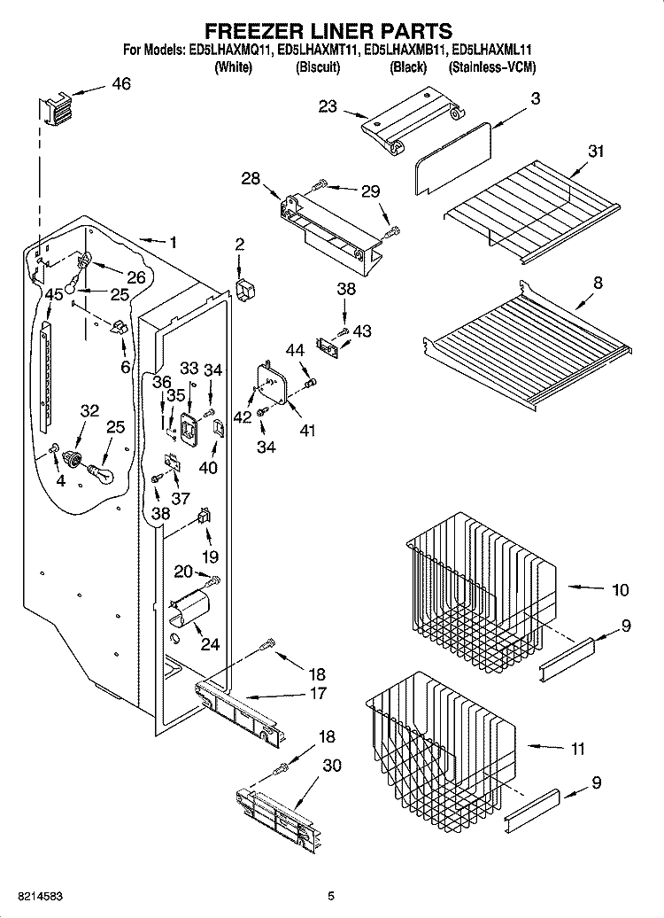 FREEZER LINER PARTS Diagram and Parts List for ED5LHAXML11  Whirlpool Refrigerator