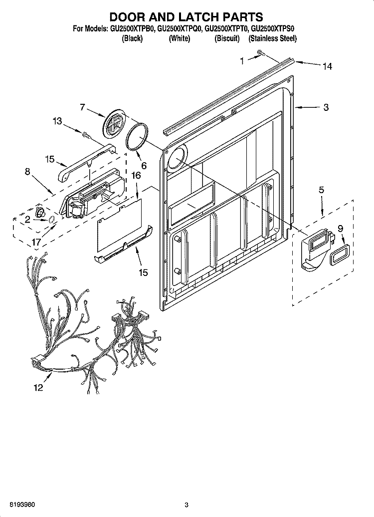 DOOR AND LATCH PARTS Diagram and Parts List for GU2500XTPS0  Whirlpool Dishwasher