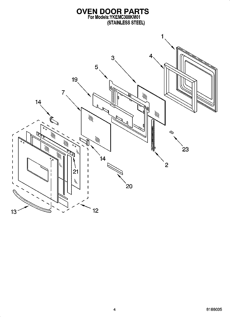 OVEN DOOR PARTS Diagram and Parts List for YKEMC308KM01  KitchenAid Microwave Oven Combo