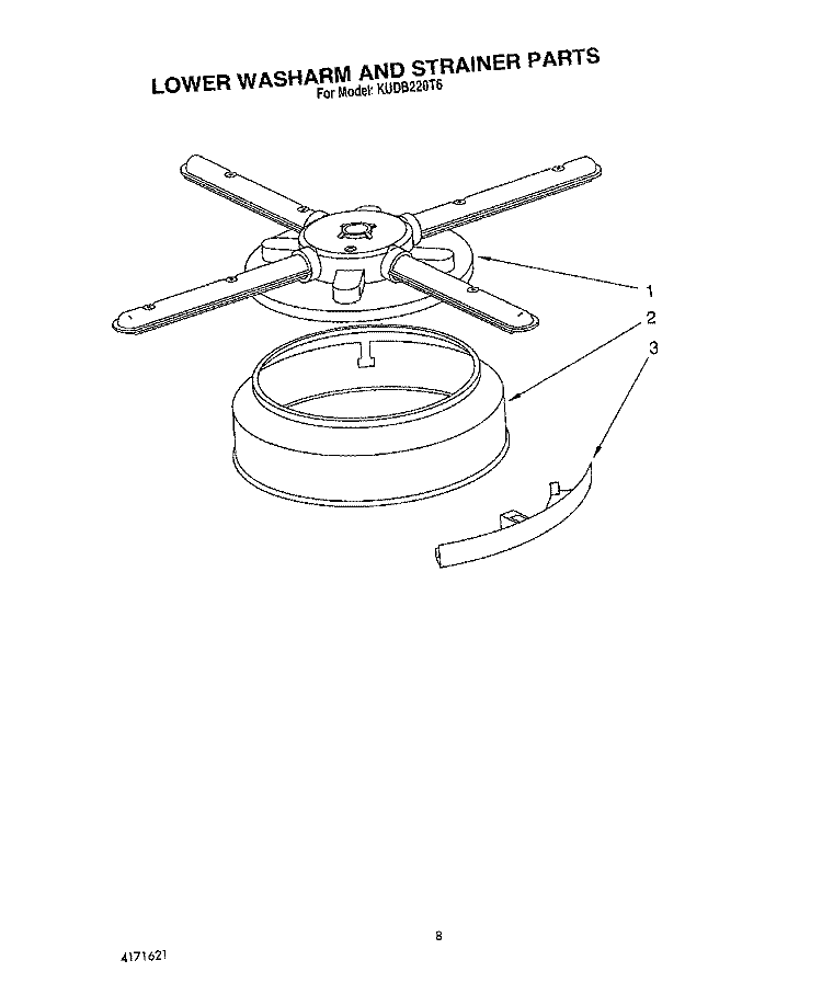 LOWER WASHARM AND STRAINER Diagram and Parts List for KUDB220T6  KitchenAid Dishwasher