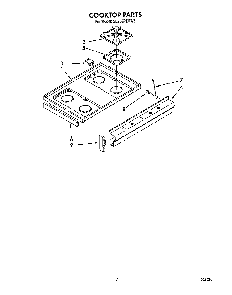 COOKTOP Diagram and Parts List for SE950PERW8  Whirlpool Range