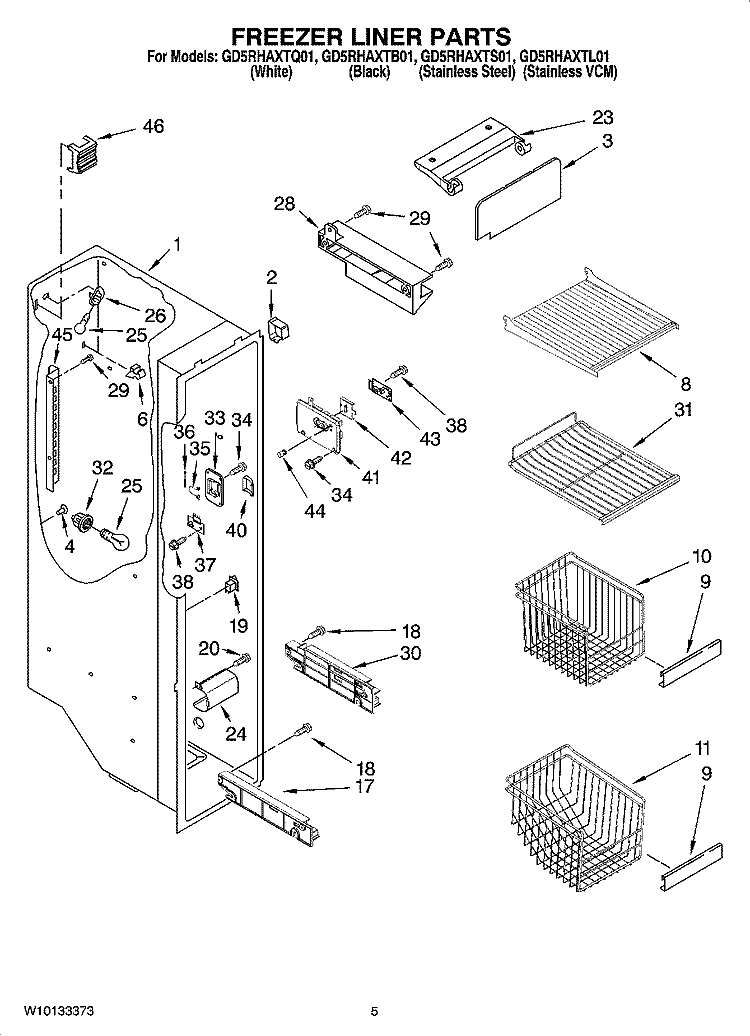 FREEZER LINER PARTS Diagram and Parts List for GD5RHAXTL01  Whirlpool Refrigerator