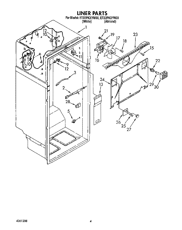 LINER Diagram and Parts List for ET22PKXYN00  Whirlpool Refrigerator
