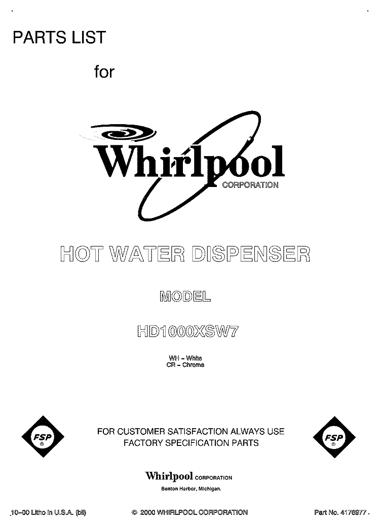 FRONT PAGE Diagram and Parts List for HD1000XSC7  Whirlpool Miscellaneous