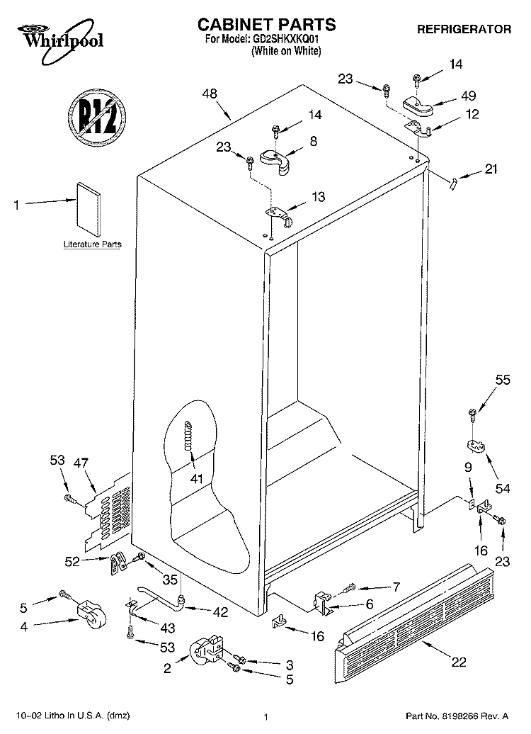 CABINET, LITERATURE Diagram and Parts List for GD2SHKXKQ01  Whirlpool Refrigerator