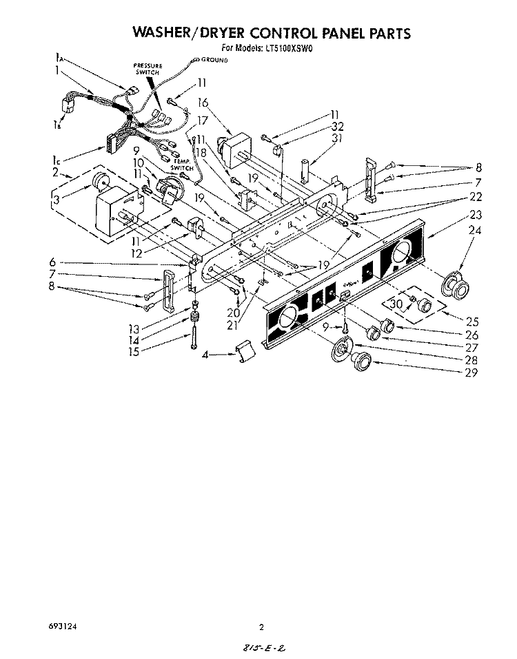 WASHER/DRYER CONTROL PANEL Diagram and Parts List for LT5100XSW0  Whirlpool Washer Dryer Combo