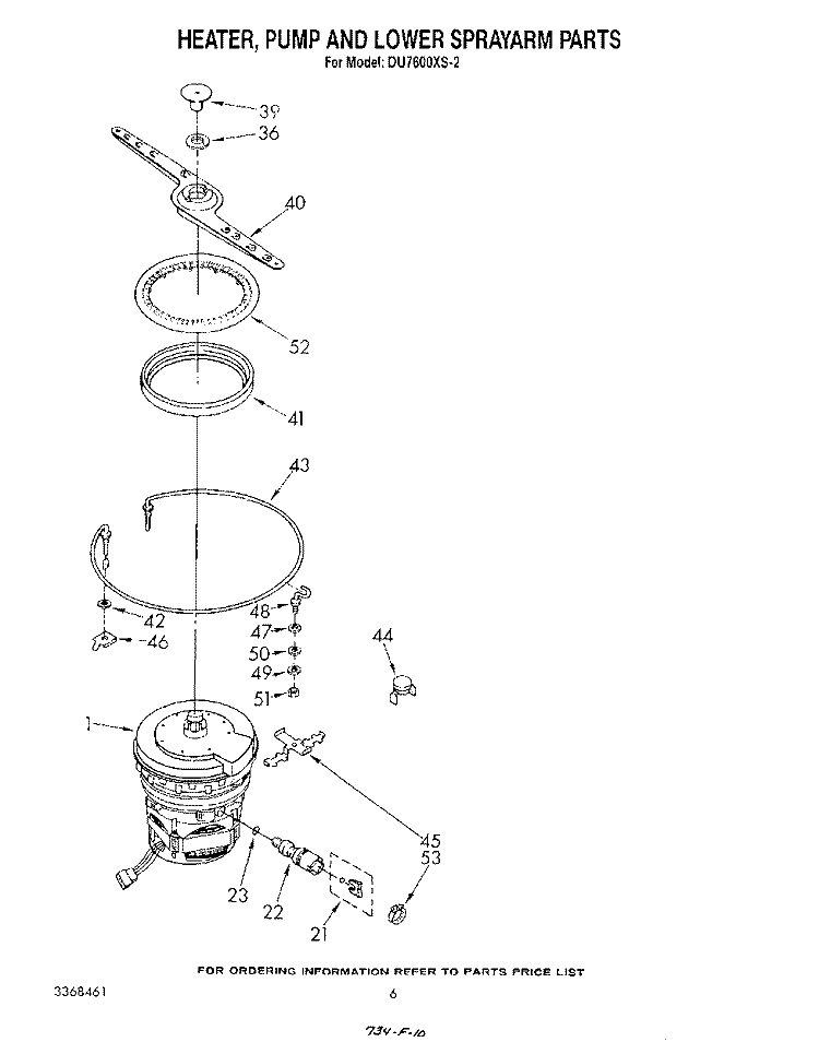 HEATER, PUMP AND LOWER SPRAYARM Diagram and Parts List for DU7600XS2  Whirlpool Dishwasher
