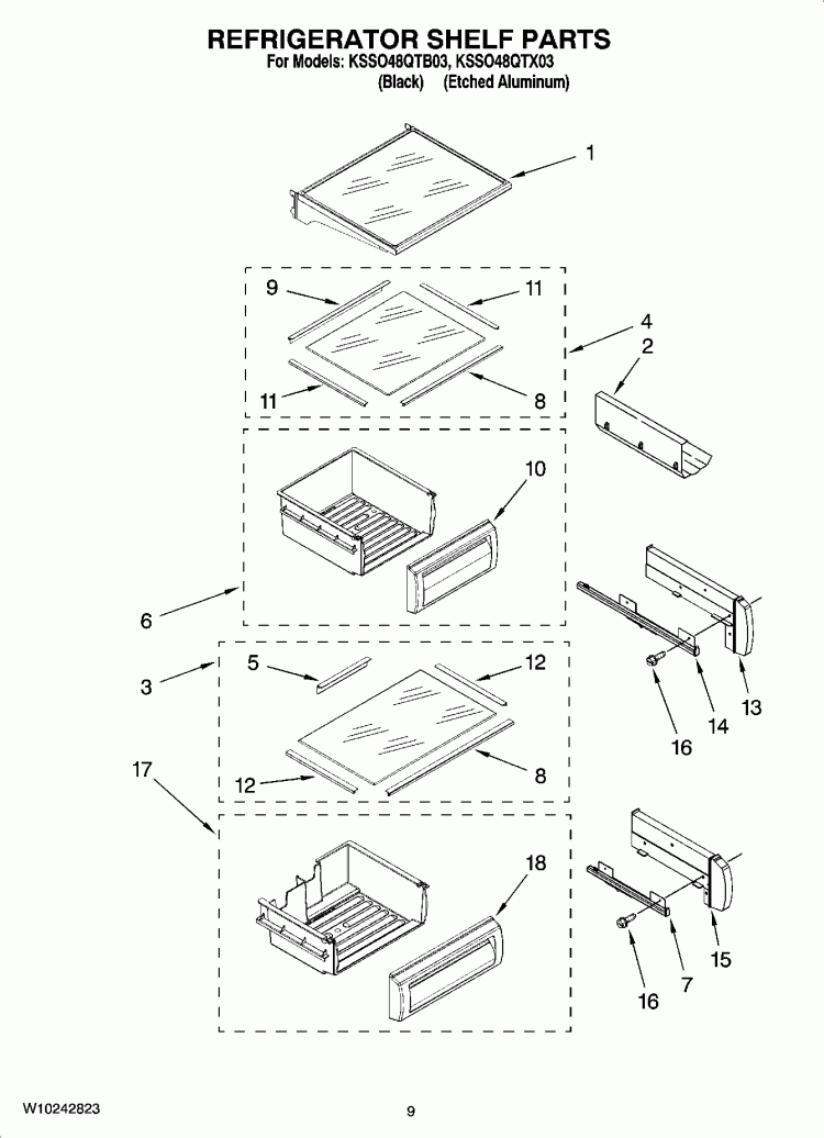 REFRIGERATOR SHELF PARTS Diagram and Parts List for KSSO48QTB03  KitchenAid Refrigerator