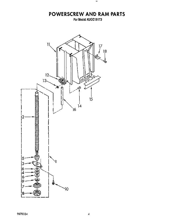 POWERSCREW AND RAM Diagram and Parts List for KUCC151T3  KitchenAid Trash Compactor