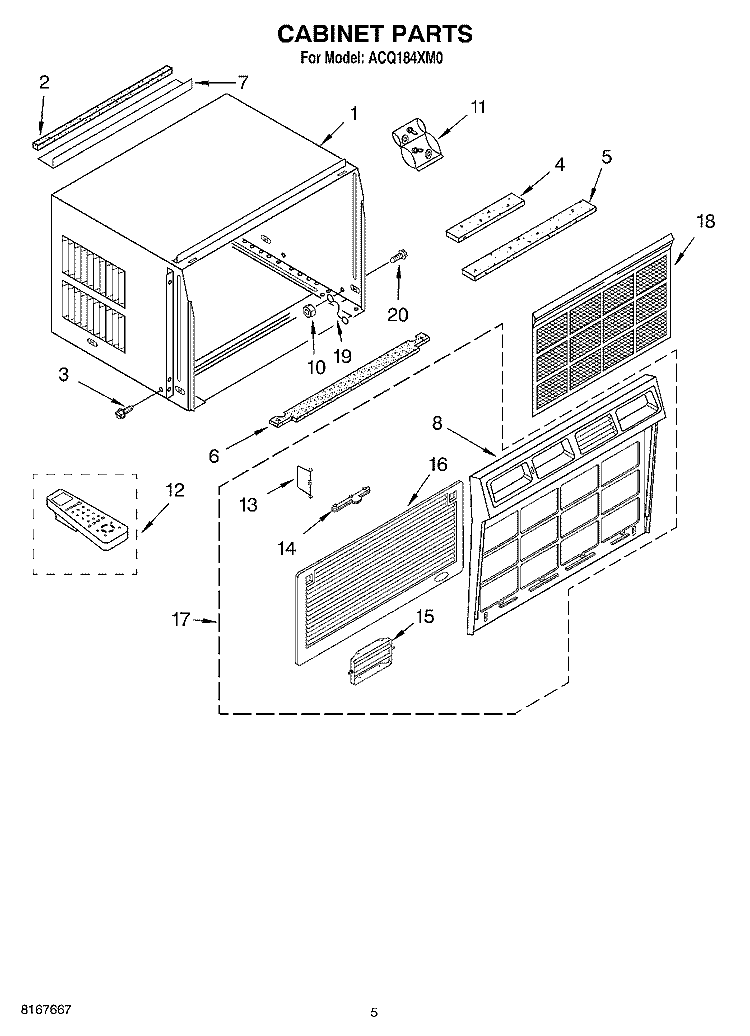 CABINET PARTS Diagram and Parts List for ACQ184XM0  Whirlpool Air Conditioner
