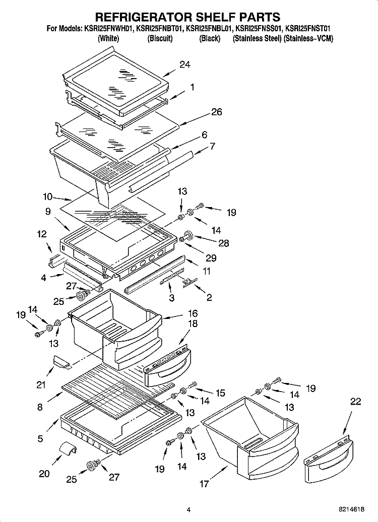REFRIGERATOR SHELF PARTS Diagram and Parts List for KSRI25FNSS01  KitchenAid Refrigerator