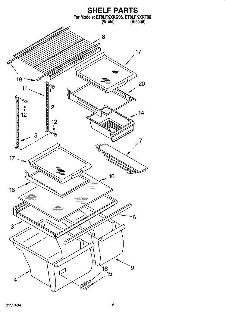 SHELF PARTS, OPTIONAL PARTS Diagram and Parts List for ET8LFKXKQ06  Whirlpool Refrigerator