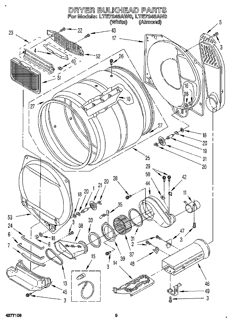 DRYER BULKHEAD Diagram and Parts List for LTE7245AN0  Whirlpool Washer Dryer Combo