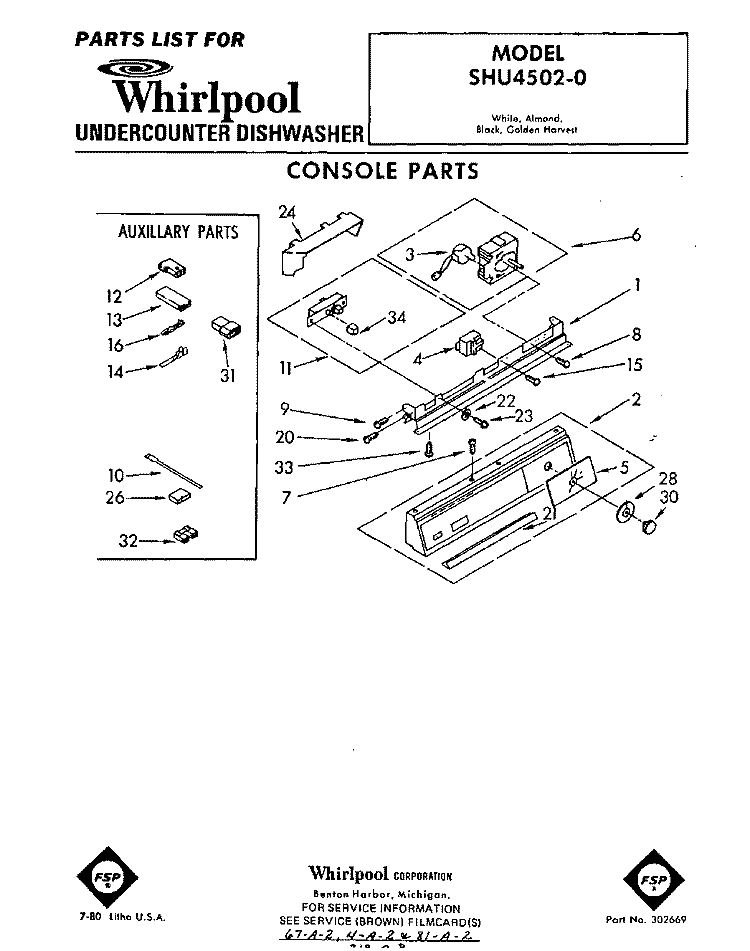 CONSOLE Diagram and Parts List for SHU45020  Whirlpool Dishwasher