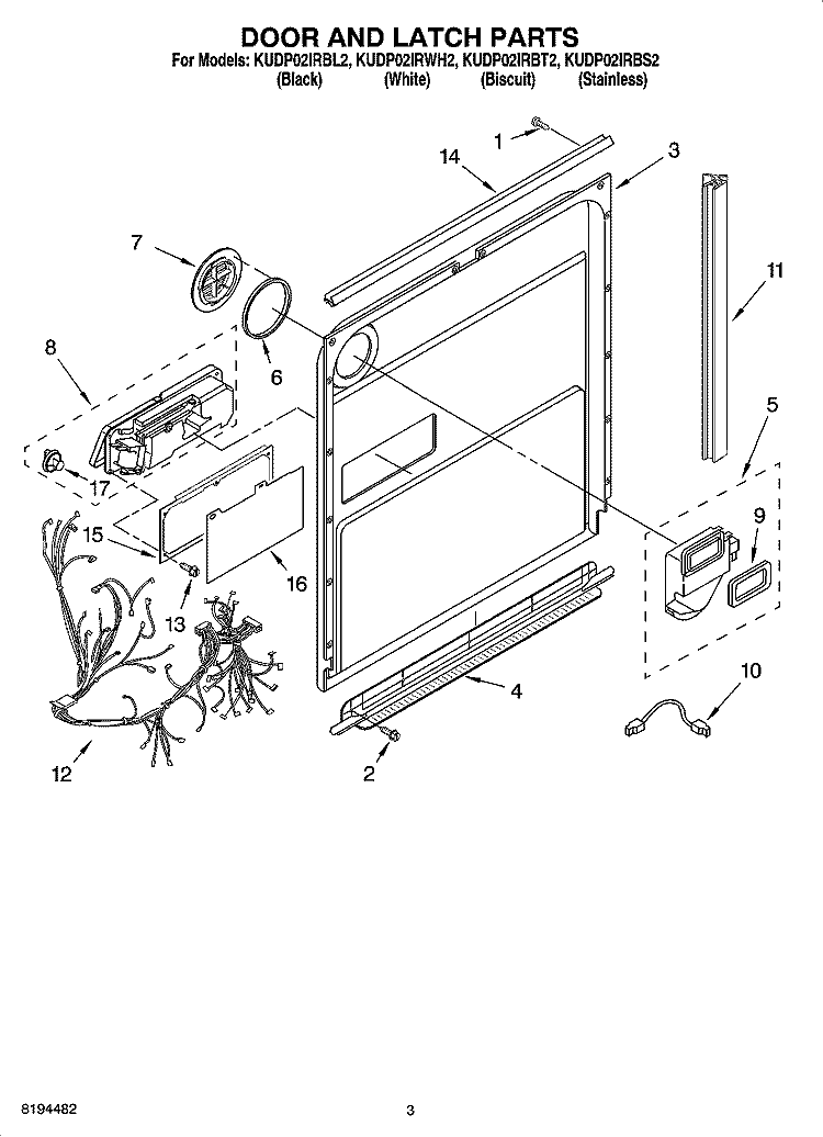 DOOR AND LATCH PARTS Diagram and Parts List for KUDP02IRWH2  KitchenAid Dishwasher