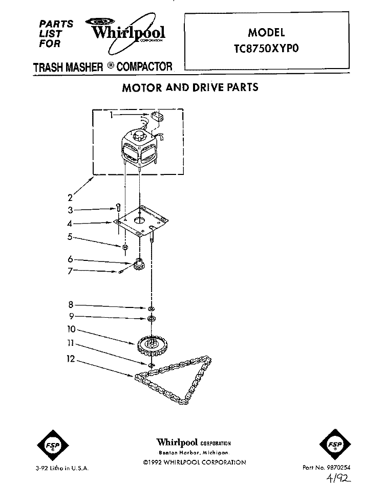 MOTOR AND DRIVE, LIT/OPTIONAL Diagram and Parts List for TC8750XYP0  Whirlpool Trash Compactor