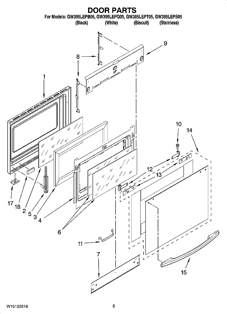 DOOR PARTS Diagram and Parts List for GW395LEPQ05  Whirlpool Range