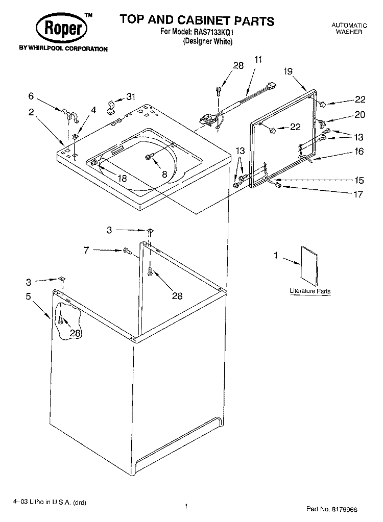 TOP AND CABINET PARTS Diagram and Parts List for RAS7133KQ1  Roper Washer
