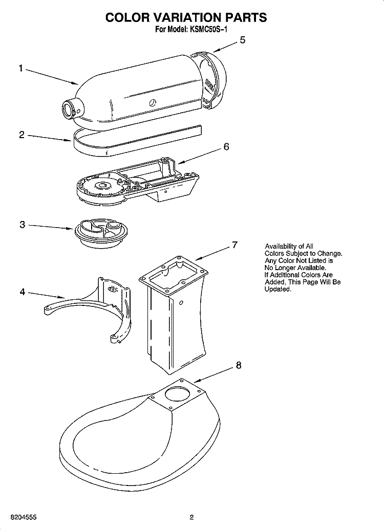 COLOR VARIATION PARTS Diagram and Parts List for KSMC50S-1  KitchenAid Mixer