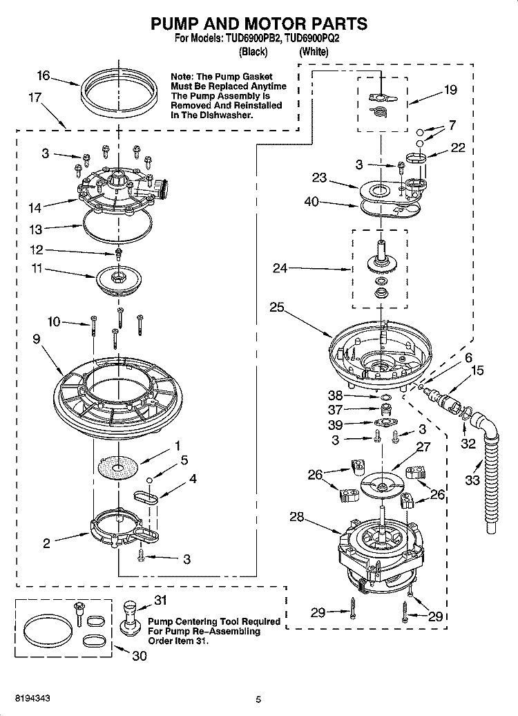 PUMP AND MOTOR PARTS Diagram and Parts List for TUD6900PB2  Estate Dishwasher